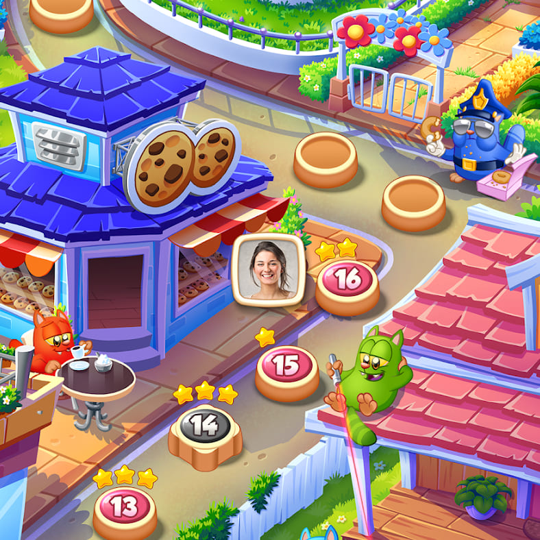 Cukiernia na mapie Cookie Cats Blast i policyjny kot