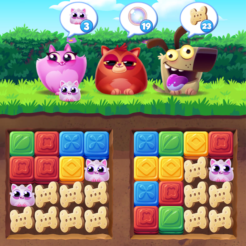 Plansza Cookie Cats Blast z blokami, kotami i kośćmi