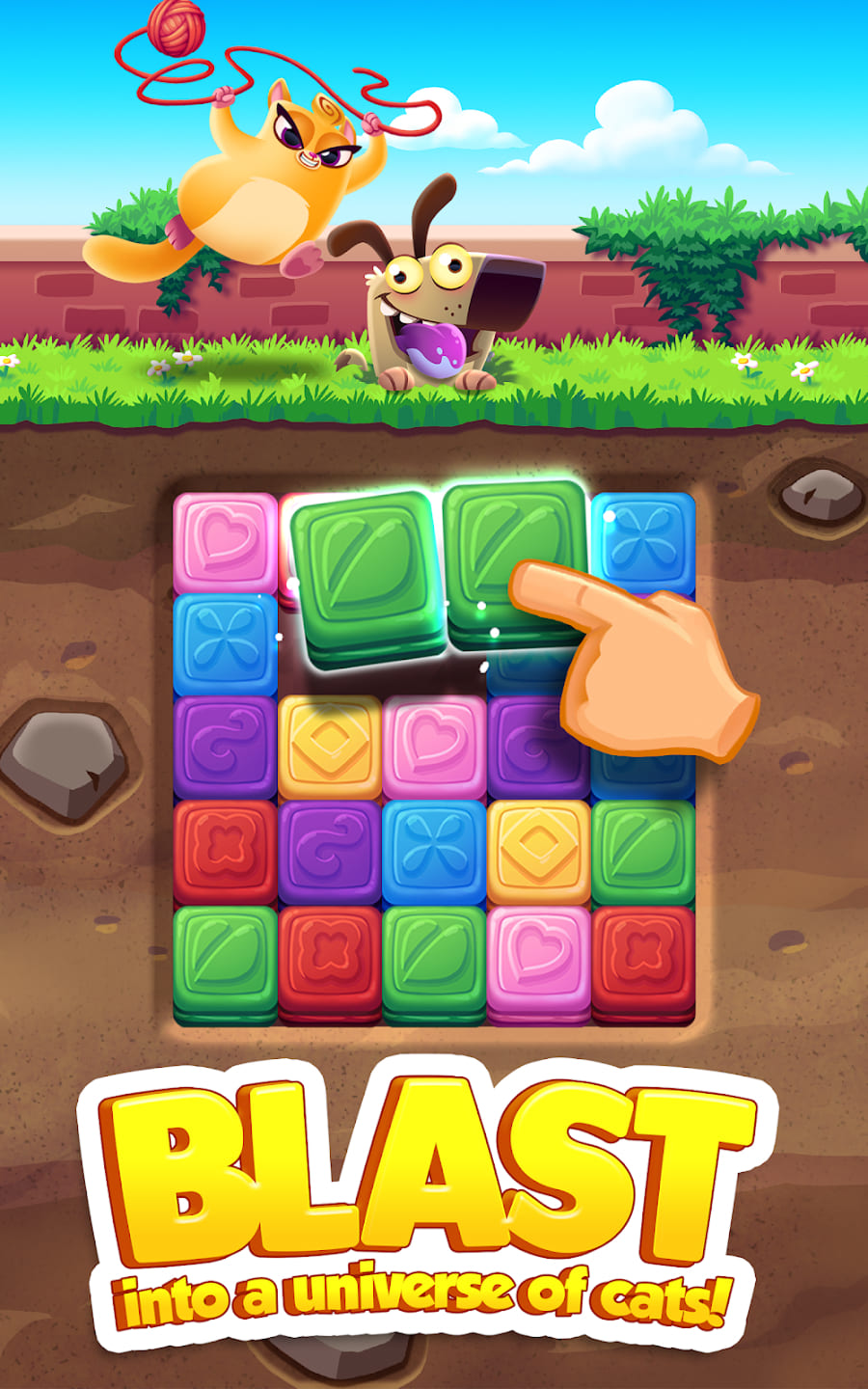 Promocyjny ekran Cookie Cats Blast z bohaterami i napisem Blast