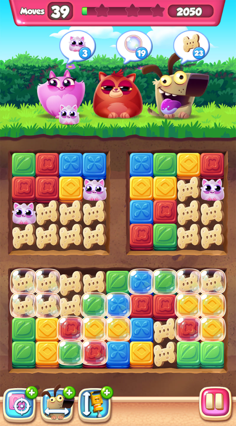 Pionowa plansza Cookie Cats Blast z blokami i kociętami